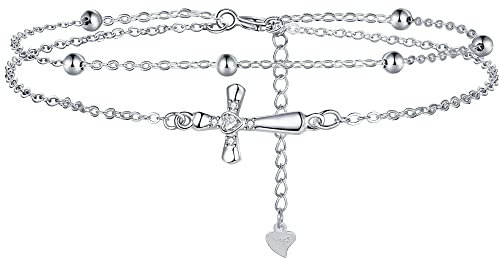 Lydreewam Kreuz Armband für Damen 925 Sterling Silber Kruzifix Doppel Armkette mit 3A Zirkonia & Geschenkbox, Armband für Weihnachten Christliche Kommunion, verstellbar 17+4cm