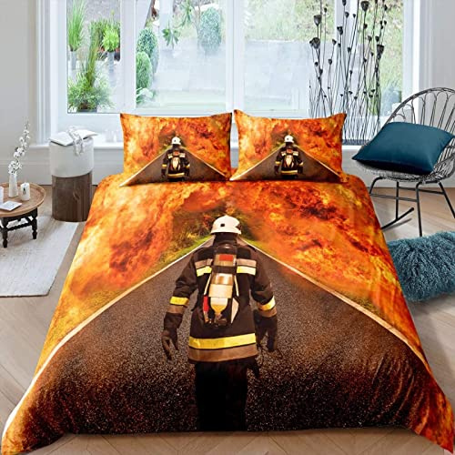 SIGOMA Bettwäsche 140x200 Feuerwehrleute, Winter Weiche Mikrofaser 3D Feuerwehr Bettbezug Set, Bettzeug mit 2 Kissenbezug 80x80 cm, Bettwäsche Set Für Kinder Erwachsene