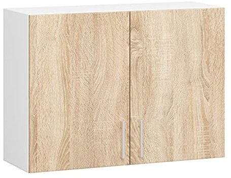 AKORD Armario de Pared de Cocina W80, Sistema Lima, Blanco, 80 cm, 2 Puertas, Roble Sonoma, Mate, 2 estantes, 80x30,5x58 cm