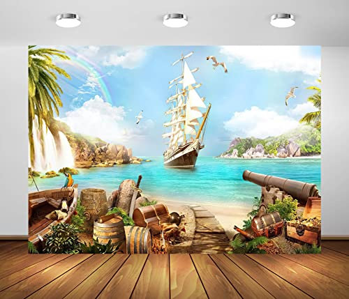 BELECO 2.1x1.5m Stoff Strand Insel Piraten Thema Hintergrund Piratenschiff Schatzkisten Fässer Papagei Ozean Segelboot Berg Wasserfälle Piraten Hintergrund Piraten Thema Party Dekorationen