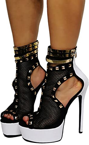 High Heels Damen Plateau Sandalen mit Nieten Sexy Offene Zehen Pumps Schuhe für Party Event Nachtkleid 15cm,White,46