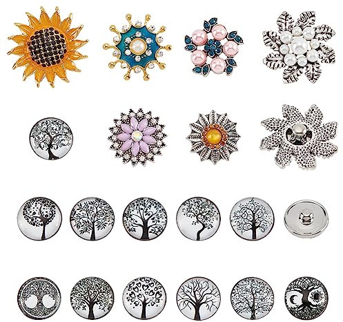 nbeads 18 Stück 7 Stile Legierung Druckknöpfe, Blume Form Strass Snap Charms mit Kunststoff-Imitat Perlen Glas flach Runde Knöpfe für Armband Armreifen Halskette Schmuck Machen