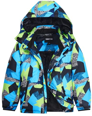 UMMTOM Boys Waterproof Ski Jacket Warm Winter Fleece Snow Coat Kids Outdoor Hooded Snowboard Jacket (Blue Geometry,10-12)