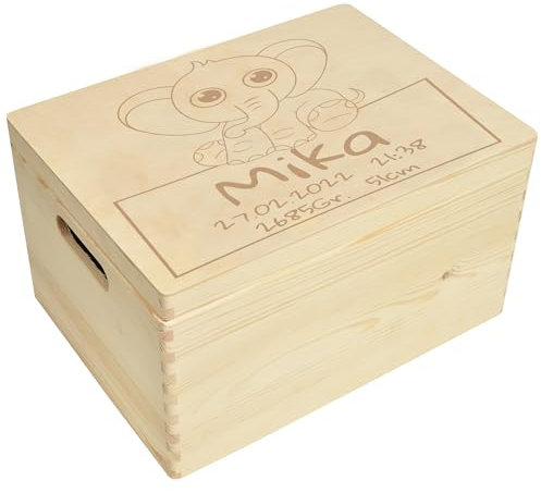 CHICCIE Erinnerungsbox personalisiert für Baby & Kind mit Elefant Gravur - Geburt Holzkiste für schöne Erinnerungen - Holz-Box Erinnerungskiste 40x30x23cm
