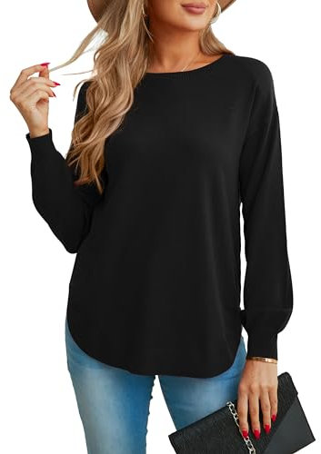 GRECERELLE Women's Long Sleeve Jumpers Lightweight Crew Neck Sweater Tops Casual Soft Knit Pullover for Ladies (Black, XL)