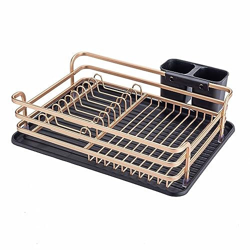 JUSHZ Abtropfgestell Geschirr Geschirrabtropfgestell Geschirrständer Abtropfhalter Ständer Abtropfgitter Abtropfschale Abtropfständer Geschirrkorb Aluminium 180° Drehbares Aquädukt (Gold 42x32x12cm)