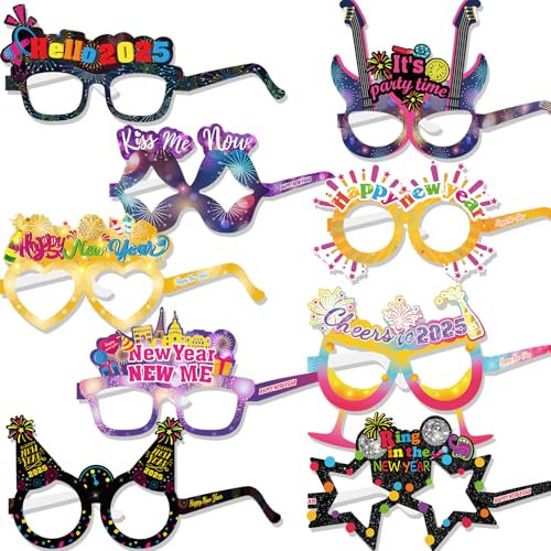 DPKOW 18 Stück Silvester Deko 2026 Bunt Silvester Brille 2026 Happy New Year Brille Papier Partybrille Foto Requisiten Silvester Accessoires für Deko Silvester Party 2026 Neujahr Deko Silvesterdeko