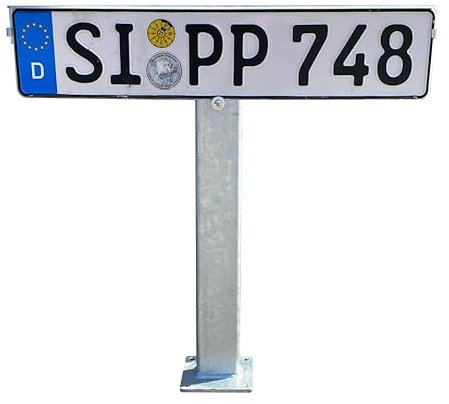 Tuneon Parkplatzschild mit Pfosten zum Aufschrauben, Stabiles 30x60mm Rechteckrohr, EasyFix Nummernschild-Befestigung, Verzinkt, Porträt-Orientierung, Einheitsgröße, Stahl oder Eisen, Schilder