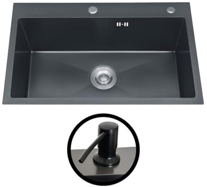 Inguz Erik Fregadero cocina 1 seno 68 x 45 cm, gran fregadero negro sobre encimera con Dispensador de jabón, incluyendo sifón, rebosadero y desagüe. (Negro)
