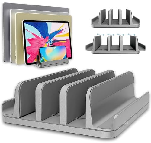 TEFONIA Vertical Laptop Stand Holder 5 Slots, Aluminum Space-Saving Laptop Holder, Adjustable Size Dock Tabletop Desk Organizer 3 Slot + 2 for Apple MacBook/Surface/PC/Tablet/iPad/iPhone (Space Gray)