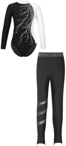 FEESHOW Mädchen Turnanzug Langarm Gymnastikbody Tanz Ballett Leotard Strumpfhose Sportanzug Leggings Bodysuit Set Wettkampf Tanzkleidung K_Weiß&Schwarz 170