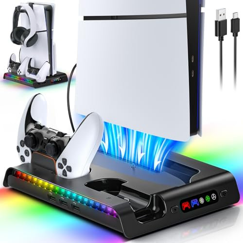 RGB Cooling Stand for PS5 Slim With LED Lights, Headset Holder, 3-Level Fan, Dual Controller Charging Station - Black