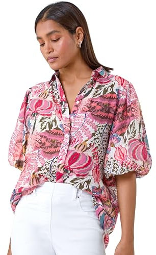Roman Originals Short Sleeve Shirt for Women Ladies Cotton Blouse Button Tunic Printed Top Work Smart Casual Going Out Work Office V Neck Everyday Evening Event - Petite Green - Size 16
