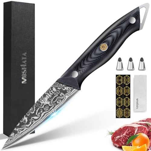 MOSFiATA 3,5 Zoll Damast Obstmesser Gemüsemesser, VG10 Damaszener Stahl, Geschenkset mit Tuch und 3 Fingerhüllen