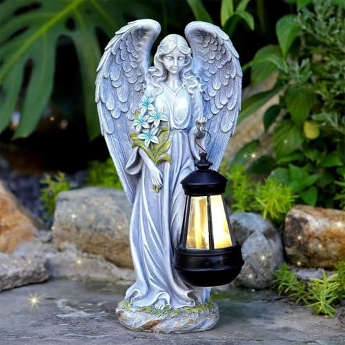 OKESYO Solar Engel Gartenfigur für Außen mit Laterne - Wasserdichte Fairy GartenDeko, Gartenstatue Geschenke für Außen, Garten, Balkon