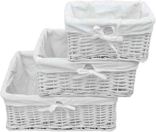 HOUSEGADS Wicker Storage Basket with Cloth Lining Set of 3 Small, Medium,Large - Basket for shelves - Baskets to make Gift Hampers - Storage Box - Storage Organiser Kitchen Living Room (White)