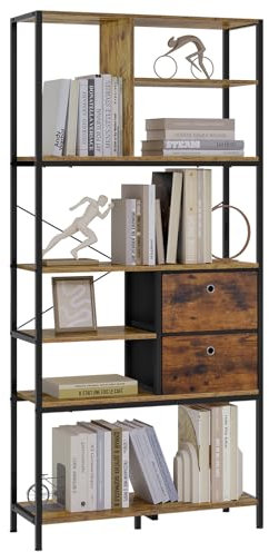 eSituro Bücherregal, Standregal mit Schubladen, Küchenregal Aufbewahrungsregal, stehendes Regal für Wohnzimmer Schlafzimmer Küche, Metallrahmen Holzwerkstoff, Schwarz Vintagebraun,84x180x30 cm