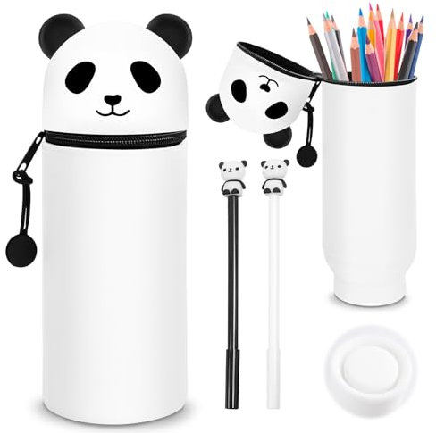 Trousse en Silicone Kawaii,Trousse en Silicone Souple 2-en-1 Avec 2 Stylos,Trousse Scolaire Silicone Extensible,DIY Trousse à Crayons en Silicone pour Adolescents, aux Filles, à l'école, Bureau,Panda