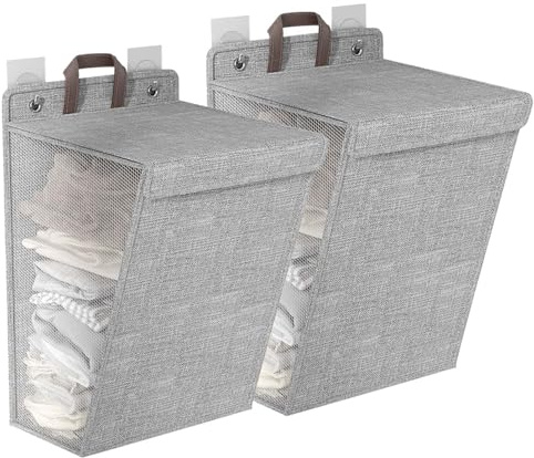 mumisuto 2 Stück Faltbarer Wäschekorb mit Deckel & Griffen, 60L Wäschesammler Laundry Aufhängbar mit 4 Nicht Markierenden Klebehaken, Baskets für Schlafzimmer, Waschküche, Badezimmer