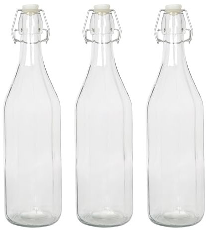 Argon Tableware 1.1 Litre Glass Bottles with Swing Top - Clear - 3x Reusable Empty Water Wine Milk Olive Oil Juice Gin Home Brew Brewing Drinking Fridge Dispenser Storage Jars with Stopper Lid