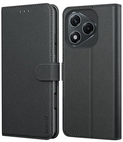 Leacckl Funda para Honor 400 Lite 5G, Funda Tipo Cartera de Piel, Funda Abatible con Tarjetero y Hebilla Magnética, Negro