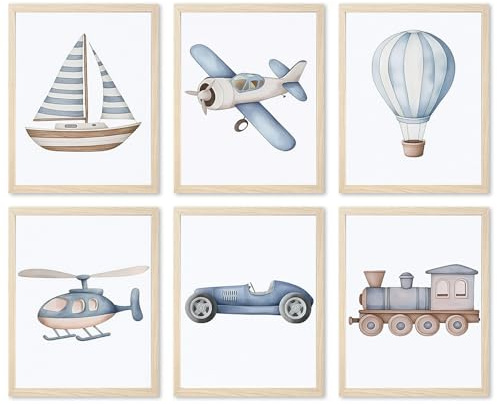 Kinderzimmer-Auto-Wandkunst-Set, 6 Stück, Baby-Jungen-Poster, Leinwanddrucke, Blau, Kinderauto, Zug, Flugzeug, Boot, Heißluftballon, Wanddekoration, Kleinkind, Fahrzeugmalerei, Aquarell-Kunstwerk