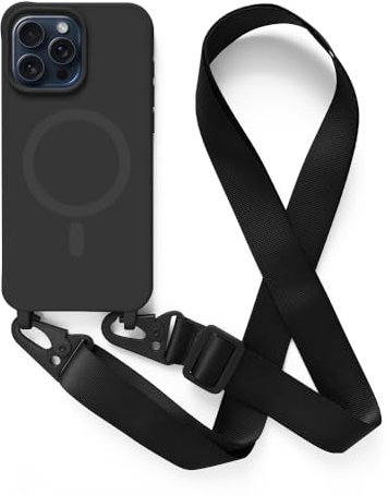 Leather Armor Handykette Hülle für iPhone 15 Pro(6.1) mit Band Halsband Lanyard (abnehmbar) Handyhülle, Verstellbarer Lanyard.Magnetisch Stoßfest Silikonhülle Wireless Charging kompatibel .-Schwarz