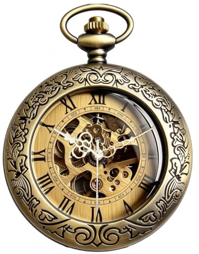 Kchss Mechanical Pocket Watch, for Men Women Special Magnifier Half Hunter Engraved Case Roman Numerals with Chain