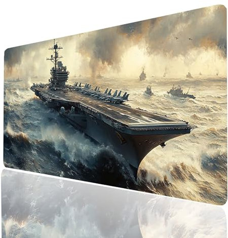 Naval Battle Mouse mat Aircraft Carrier Gaming Mouse Pad Large 32x12x0.12Inch Stitched Edges Washable, Desk Mat Non-Slip Rubber Base, Mousepad Improves Speed Precision for PC Laptop Model-05133