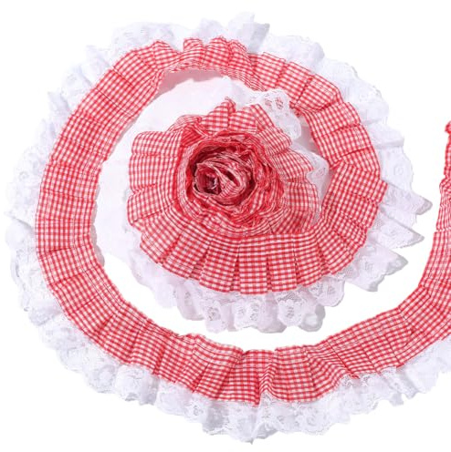 GORGECRAFT 4.6 m Rotes Gingham Plissee Rüschenband 6.3cm Organza Gerafft Kariert TAFT Buffalo Plaid Gewebter Stoff Bestickte Applikation Kantenbesatz Netz Für DIY Näh Und Kleiderverzierungen