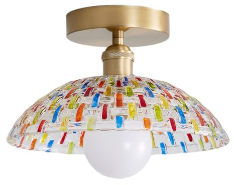 NICRX Vintage Bunte Mosaik-Glas-Deckenleuchte, 25 cm / 30 cm Halbrunde Deckenlampe mit Goldmetall-Basis,E27-Fassung Art Deco Decke Lampe für Flur,Schlafzimmer,Eingang,Küche,Wohnzimmer (30CM)