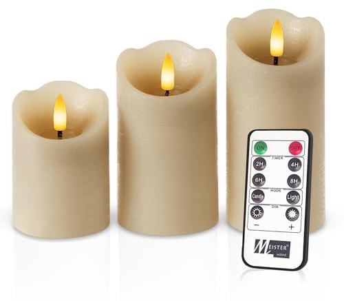 Meisterhome® LED-Kerzen 3er-Set Beige – Flammenlos - mit flackernder Flamme – Rustik Design – Stumpenkerzen mit Fernbedienung & Timer – Batteriebetrieben – Warmweiß – Ø7.5 x 10/12,5/15 cm Hoch