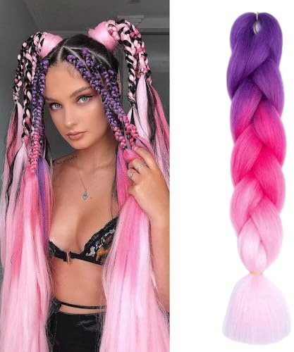 Meches Pour Tresses Africaine 1 Paquets 24 Pouces Braid Pré éTiré Braids Meches Pre Tiré Long Knotless Nattes Extensions Rajout Cheveux Tresses (Violet/Rose Rouge/Rose Clair)