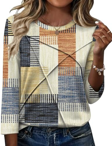 Kistore Ladies Tops 3/4 Sleeve Top for Women Crew Neck Pleated Shirts S-XXL