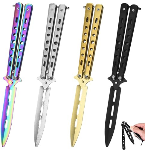 Butterfly Trainer, 3 Stück Butterfly Messer zum Üben Ungeschärfte Klinge Übungs Kamm Edelstahl für Trainingsmesser Anfänger Flipping Tricks üBt (Schwarz + Silber + Farbe)