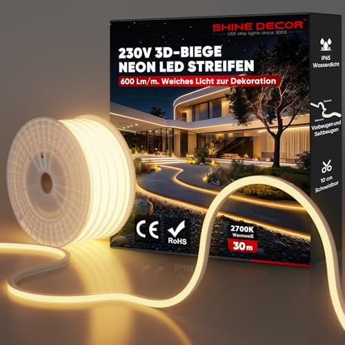 Shine Decor 3D Bend Neon LED Strip, AC 220V-240V Flexibler Neon LED Streifen, IP65 Wasserdichter Neon Lichtstreifen aus Silikonmaterial mit CE-Zertifizierung für Küche und Wohnzimmer (30M, Warmweiß)