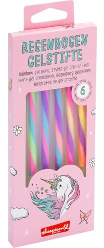 Regenbogen-Gelstifte Motiv Einhorn: Regenbogen-Gelstifte Set mit 6 Stiften, Gel-Mine hat die Farben Pink, Gelb, Grün und Blau, in Geschenkbox