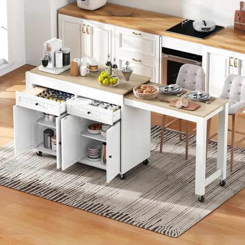Bladez Isla de cocina móvil con ruedas, mesa de comedor extensible, encimera de 112-180 cm, carrito de cocina con cajones, aparador, mostrador de cocina para cocinas pequeñas, comedor (blanco + madera