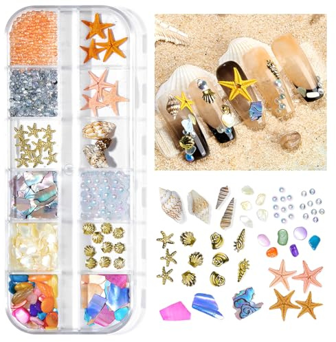 YULZAK Ocean Themed Nail Charms Irregular Abalone Shell Slices, Mini Stone Pearls, Conch Starfish, 3D Nail Art Decorations for Manicure Design DIY Crafts