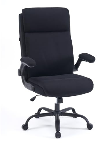 CASTLOVE Fabric Office Chair Ergonomic Desk Chairs for Home Office, Black | 14cm Thick Cushion, Breathable Linen, Space-Saving Flip-Up Arms, Ergonomic Back Support, 15-Min Assembly, Heavy-Duty 150kg