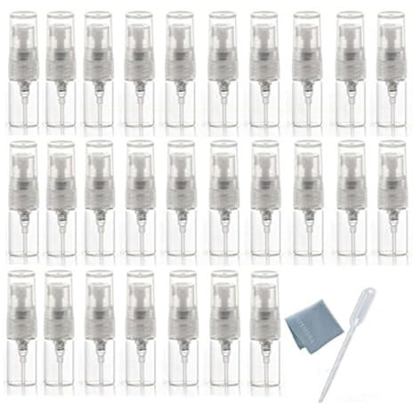 Elfenstall- 30pcs Mini Clear 2ml 5/8Dram Atomizer Vial Glass Bottle Spray Refillable Perfume Empty Sample Bottle Clean Cloth Free 3ML Pipette for Travel Party