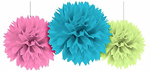 Amscan 18055-90-55 - Fluffy Dekobälle zum Aufhängen, Hellblau, Grün, Rosa, 3 Stück, circa 40,6 cm, Papier, Hängedekoration