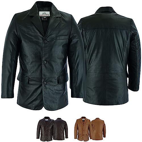German Wear Herren Blazer Jacke aus 100% echtem Lammnappa Leder - dunkelbraun Slim Fit 3-Knopf Design im Vintage Retro Stil für elegante Anlässe