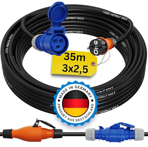 Schuko auf CEE Adapter 35m Camping Stromkabel PCE H07RN-F 3x2,5 Landstromkabel Wohnmobil Wohnwagen Kabel Camping Adapter 35 Meter Strom Verlängerungskabel CEE-Stecker Campingstecker