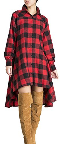 OLRAIN Damen Hemdkleid, kariert, unregelmäßiger Saum, lässiges Hemdkleid