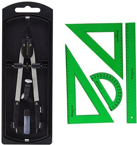 Faber-Castell 32722-8 - Compás de ajuste rápido, con tornillo central, articulaciones en ambos brazos + Faber Castell 65021 - Pack escolar con escuadra, cartabón, regla y semicírculo, color verde