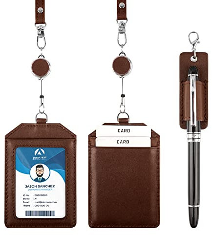 Boshiho Leder-Ausweishalter Vertikaler Stil Echtes Rindsleder Kreditkartenhalter Dehnbares Umhängeband und Stifthalter für Büro (Braun -V)