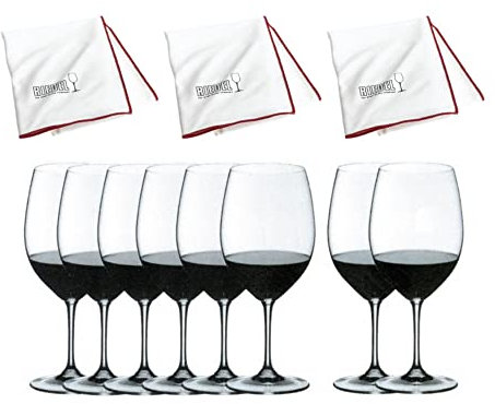 Riedel Vinum Bordeaux Wine Glasses (Set of 8) with 3x Large Microfiber Polishing Clothes Bundle (4 Items)