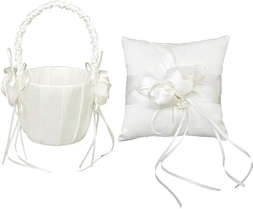 Ringkissen für Blumenmädchen, Korb-Set, weißer Satin, Ringträgerkissen, Blumenmädchenkorb für Hochzeitsfeiern, Weiß