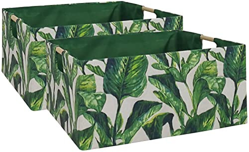 FUULOXE Aufbewahrungskorb für Regale, rechteckige Schrankkörbe, faltbare Box mit Griffen, grüne Blätter, Regalkörbe, Spielzeugkisten für Zuhause, Büro, Auto, Schlafsaal